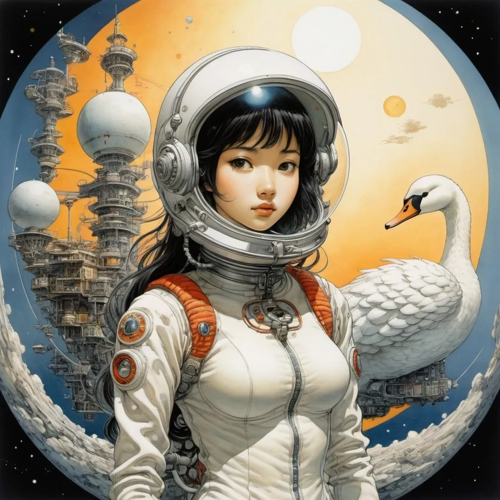 Prompt: Naoyuki Kato, Katsuhiro Otomo, Anton Pieck, surreal, mysterious, strange, fantastical, fantasy, Sci-fi, Japanese anime, the spiral orbit of the sun, the beautiful girl in the space suit, perfect voluminous body, the flight of the swan, detailed masterpiece 