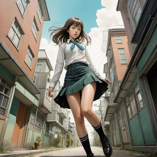 Prompt: Mabel Attwell, Marit Törnqvist, Surreal, mysterious, strange, fantastical, fantasy, Sci-fi, Japanese anime, miniskirt beautiful high school girl breaking out of her chrysalis, city, perspective, perspective drawing, detailed masterpiece hand coloured 