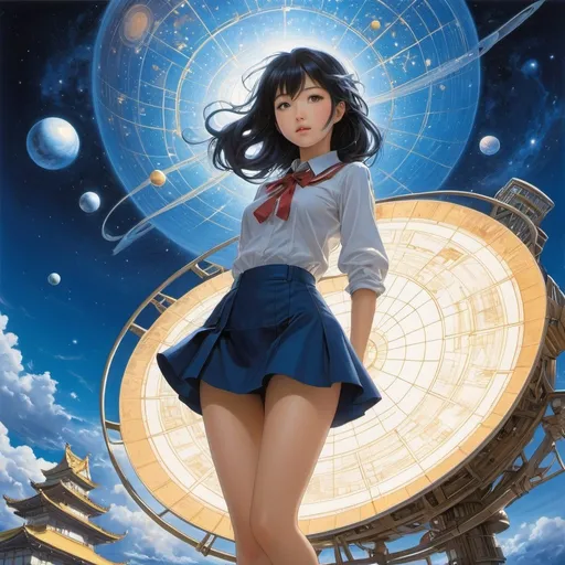 Prompt: Shigeru Hatsuyama, Peter de Wint, Surreal, mysterious, strange, fantastical, fantasy, Sci-fi, Japanese anime, a miniskirt beautiful girl researcher who draws the blueprints of the cosmos, perfect voluminous body, approaching the gods, an ideal microcosm, detailed masterpiece 