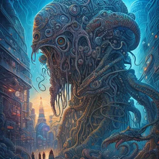 Prompt: John Stephens art style, detailed, sci-fi fantasy, surreal, weird, night in Tokyo, The Call of Cthulhu, girl battling, 