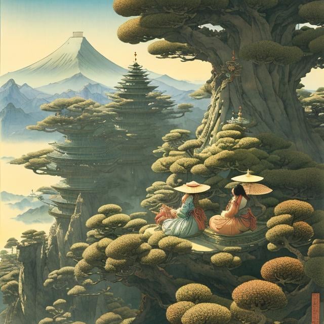 Prompt: Dorothea Tanning, Shel Silverstein,  Charles Doyle, Ukiyo-e style　Japanese anime Sci-Fi Fantasy　Kingdom above bonsai　Girl looking at the bonsai from the outside Hyperdetailed high resolution high definition high quality masterpiece colour