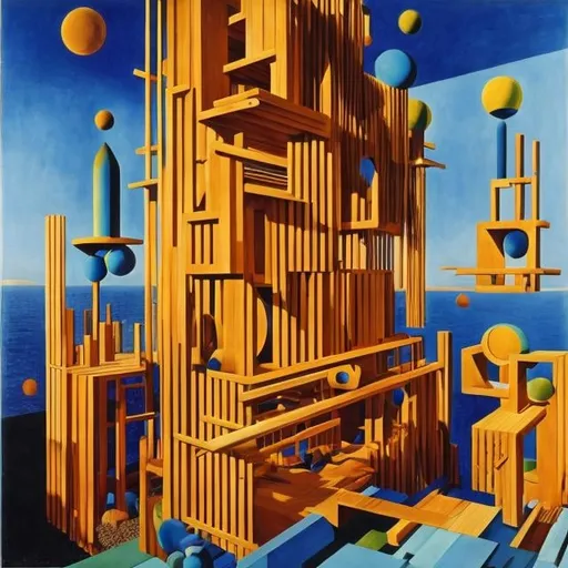 Prompt: Max Ernst, Koloman Moser, Surreal, mysterious, strange, fantastical, fantasy, Sci-fi, Japanese anime, person building with wooden blocks, ladder, planet on earth, detailed masterpiece 