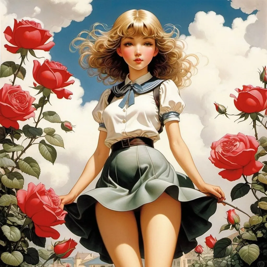 Prompt: Amédée Varin, Cicely Mary Barker, Michael Parkes, Léon Carré, Heath Robinson, Surrealism Mysterious Weird Fantastic Fantasy Sci-fi, Japanese Anime, A rose flower that evolved into a miniskirt beautiful high school girl, perfect voluminous body, detailed masterpiece 