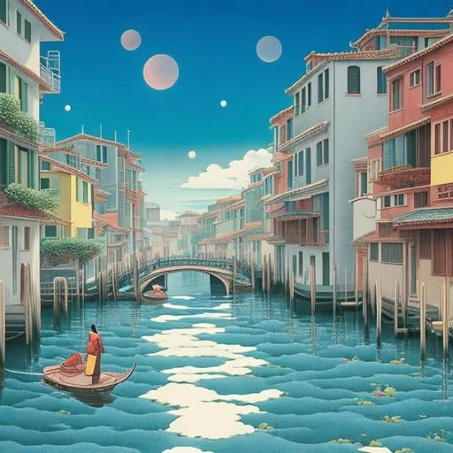 Prompt: Heikala, Hasui Kawase, Dorothea Tanning, Hokusai, Surreal, Mysterious, Strange, Fantastic, Fantasy, Sci-Fi, Japanese Anime, Venice, the City of Water, Water is time, and it gives beauty and its own alter ego. We are also part of water, and we too In this way, this town serves beauty. It scrubs the water and improves the appearance of time. That is the role of this town in the universe. We move, but the town does not. Tears are proof of that. For we are gone, and beauty remains, detailed masterpiece 