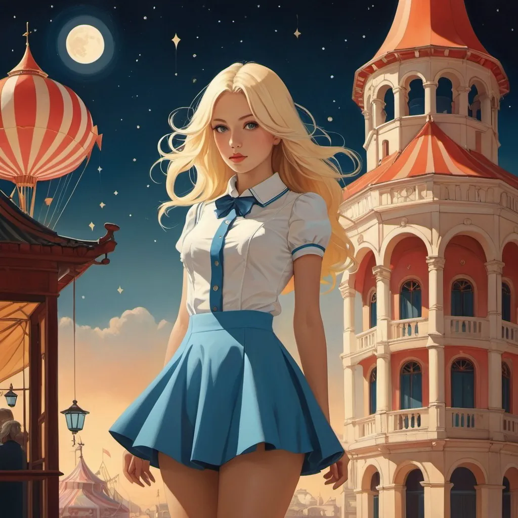 Prompt: Gloria Pizzilli, Emiliano Ponzi, Elzbieta Gaudasinska, Elzbieta, Ignacy Witz, Surrealism, strange, strange, fantastical, fantasy, Sci-fi, Japanese anime, the heavenly desire device of Alice, a beautiful blonde miniskirt girl, perfect voluminous body, the night of the circus, thinking about architecture and painting using ruins as the key, detailed masterpiece 