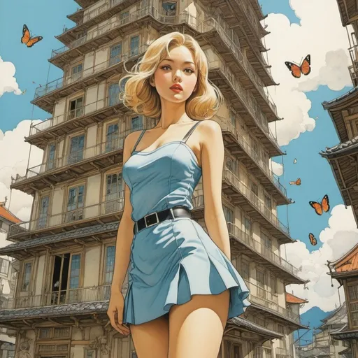 Prompt: Shuji Tateishi, Thomas Theodor Heine, Tadanori Yokoo, Nell Brinkley, Cecile Walton, Surrealism, wonder, strange, fantastical, fantasy, Sci-fi, Japanese anime, spine of a building, beautiful girl in miniskirt on Champagne holiday, perfect voluminous body, butterfly fossil, detailed masterpiece hand coloured fine line drawings low high angles perspectives 