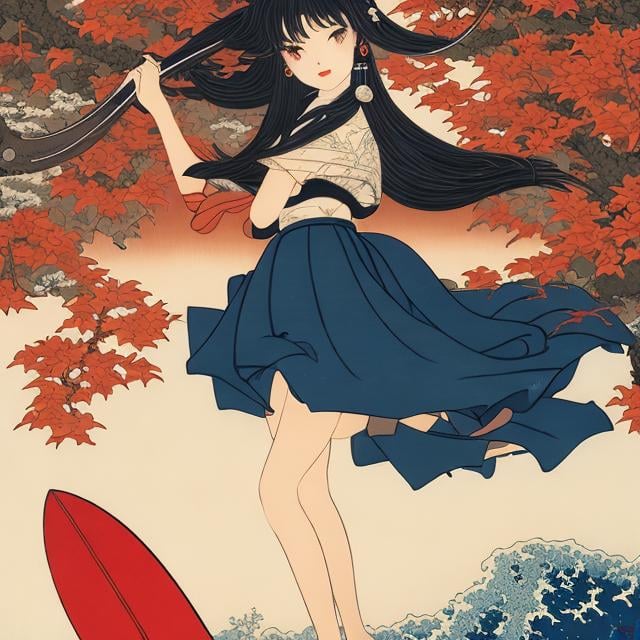 Prompt: Heikala, Hokusai, ukiyo-E style, Carl Barks, Japanese Anime Mysterious Bizarre Fantastic Surreal Sci-fi Fantasy Miniskirt Beautiful Girl Autumn Leaves Under the Moon Trico Surfing Rabbit detailed high quality masterpiece