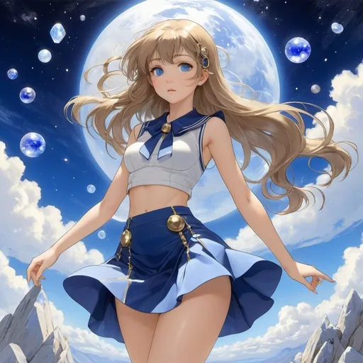 Prompt: Galileo Chini, Manuel Orazi, Mabel Attwell, Surreal, mysterious, strange, fantastical, fantasy, Sci-fi, Japanese anime, blue, white calcite and brass pyrite spots, transparent lapis lazuli crystals, true miniskirt beautiful high school girl, perfect voluminous body, sinking into the sky, detailed masterpieces 
