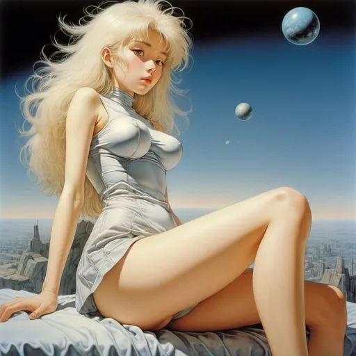 Prompt: Naoyuki Kato, Hans Bellmer, Moto Hagio, Surreal, mysterious, strange, fantastical, fantasy, sci-fi, Japanese anime, The dawn arrives without sleep, An artificial satellite in orbit bathing in the morning sun, A beautiful girl in a miniskirt sitting on a bed, perfect voluminous body, detailed masterpiece 