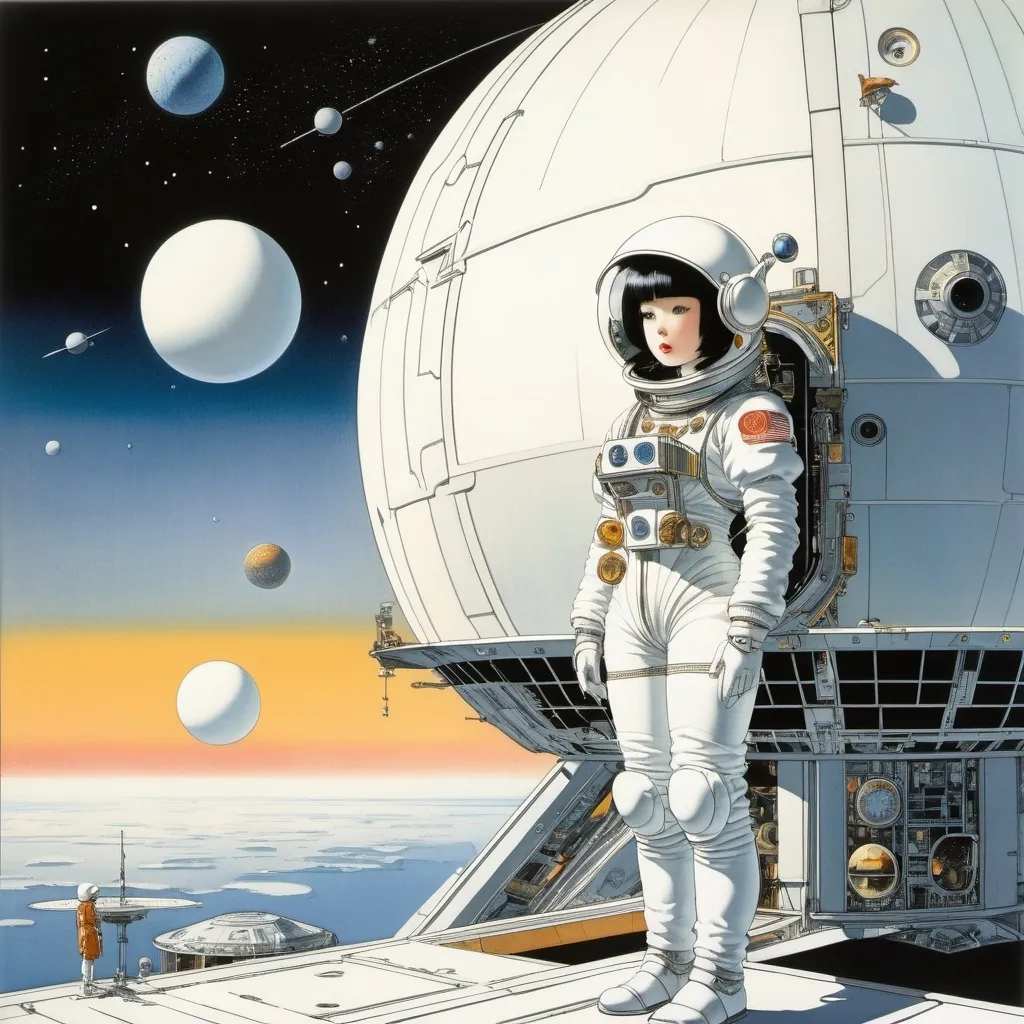 Prompt: Kay Nielsen, Heath Robinson, Katsuhiro Otomo, John Austen, Ayuko Hatta, Surrealism, mysterious, strange, bizarre, fantasy, Sci-fi, Japanese anime, space station at sunrise, orbital elevator, beautiful girl in a space suit, perfect voluminous body, detailed masterpiece 