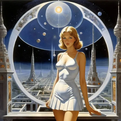 Prompt: Robert McCall, Paul Delvaux, Surreal, mysterious, strange, fantastical, fantasy, Sci-fi, Japanese anime, Metatron, entropic miniskirt beautiful girl, perfect body, astrology, detailed masterpiece 