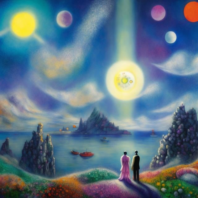 Prompt: Marc Chagall, Anne Anderson, Surreal, mysterious, strange, fantastical, fantasy, Sci-fi, Japanese anime, A mystery and adventure surrounding "machines," "otherness," and "love" on a remote island in the ocean where two suns and two moons shine, detailed masterpiece cinematic lighting perspectives bird’s eye views