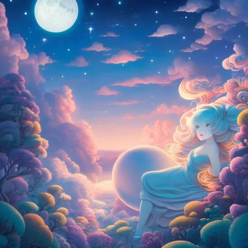 Prompt: Maurice Sendak, Mabel Attwell, James Jean, Japanese Anime, Surreal Mysterious Weird Fantastic Fantasy Sci-Fi, Beautiful Girl, perfect voluminous body, The Moon is Sponge Cake, Two-Seater Airplane, Hymn to the Planets, Aurora, detailed masterpiece, high resolution definition quality, depth of field, cinematic lighting
