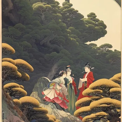 Prompt: Dorothea Tanning, Shel Silverstein,  Charles Doyle, Ukiyo-e style　Japanese anime Sci-Fi Fantasy　Kingdom above bonsai　Girl looking at the bonsai from the outside Hyperdetailed high resolution high definition high quality masterpiece colour