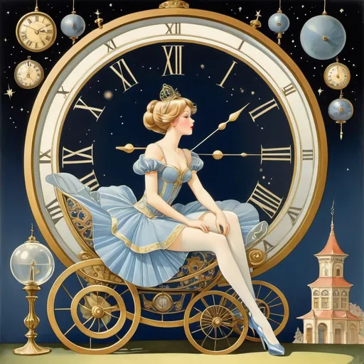 Prompt: Manuel Orazi, Virginia Frances Sterrett, Adrienne Segur, Surreal, mysterious, strange, fantastical, fantasy, Sci-fi, Japanese anime, Cinderella's clock, the beautiful girl in a miniskirt, perfect voluminous body, the midnight ball, the glass carriage, detailed masterpiece low high angles perspectives 