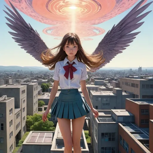 Prompt: Cecile Walton, David Gauld, Stanley William Hayter, Surrealism Mysterious Weird Fantastic Fantasy Sci-Fi, Japanese Anime, Mini Skirt Magical Beautiful Girl Developing flying magic software, perfect voluminous Bird's eye view from the roof of the school, 