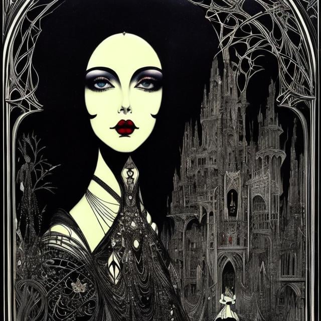 Prompt: Harry Clarke, Gary Baseman, Surreal, mysterious, strange, fantastical, fantasy, Sci-fi, Japanese anime, bustling ruins, beautiful girl, perfect voluminous body, detailed masterpiece 