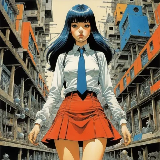 Prompt: Sergio Toppi, Shigeru Tamura, Ed Emshwiller, Eric Bourgier, Juan Gris, Surrealism Mysterious Weird Fantastic Fantasy Sci-fi, Japanese Anime Science Toyland Miniskirt Beautiful High School Girl, perfect voluminous body, detailed masterpiece  hand coloured fine line drawings 