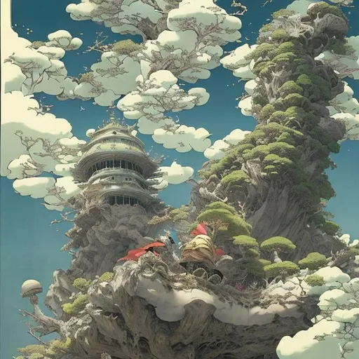 Prompt: Dorothea Tanning, Shel Silverstein,  Charles Doyle, Ukiyo-e style　Japanese anime Sci-Fi Fantasy　Kingdom above bonsai　Girl looking at the bonsai from the outside Hyperdetailed high resolution high definition high quality masterpiece colour