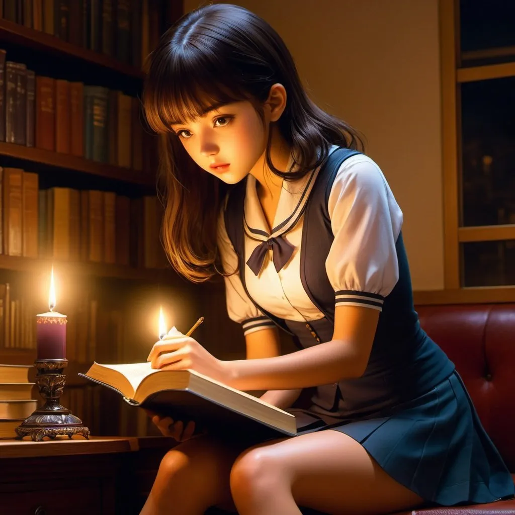 Prompt: Frank Le Gall, William Vance, Surreal, mysterious, bizarre, fantasy, Japanese anime, far past midnight, an candle lamp, a beautiful high school girl in a miniskirt reading a book, perfect body, cinematic lighting sharp focus detailed masterpiece 