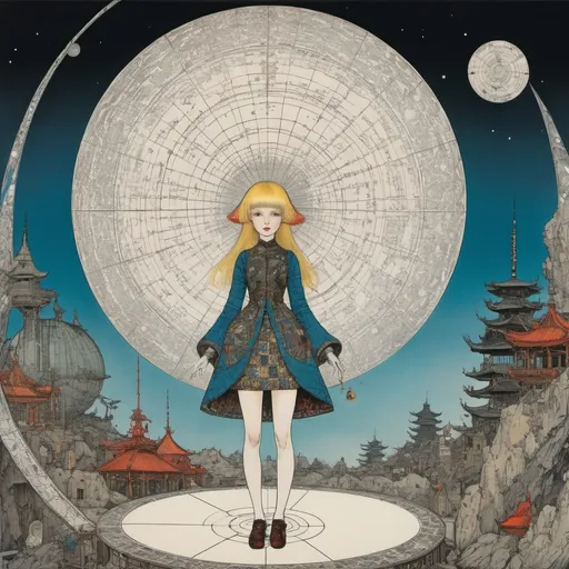 Prompt: Eleanor Vere Boyle, Randolph Caldecott, Józef Wilkoń, Harry Clarke, Surrealism, wonder, strange, bizarre, fantasy, Sci-fi, japanese anime, the harmony of the universe originates from geometry, discovering mathematical shapes in the celestial sphere, creating models of the universe, changing the way we see the world, Tokyo Opera City, blonde miniskirt watching the cosmic reconstruction. beautiful girl alice, perfect voluminous body, detailed masterpiece 