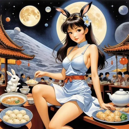 Prompt: Mabel Attwell, Maurice Sendak, Kore Yamazaki, Naoko Takeuchi, Masamune Shirow, Surrealism Mysterious Weird Fantastic Fantasy Sci-Fi, Japanese Anime, A beautiful girl in a miniskirt Chinese dress making dumplings at a restaurant on the moon, perfect voluminous body, Customers are moon rabbits, octopuses on Mars, the galaxy, detailed masterpiece 