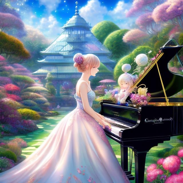 Prompt: Margaret Tarrant, Charles Folkard, Japanese Anime Mysterious Weird Fantastic Surreal Absurd Fantasy Sci-Fi Fantasy, Grand Piano, Botanical Garden Greenhouse, Ring, A beautiful Girl with one piece dress, Sparkler, hyperdetailed high resolution high definition high quality masterpiece