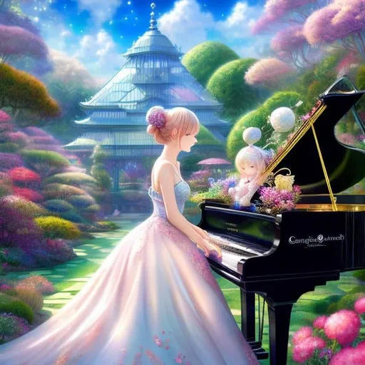 Prompt: Margaret Tarrant, Charles Folkard, Japanese Anime Mysterious Weird Fantastic Surreal Absurd Fantasy Sci-Fi Fantasy, Grand Piano, Botanical Garden Greenhouse, Ring, A beautiful Girl with one piece dress, Sparkler, hyperdetailed high resolution high definition high quality masterpiece