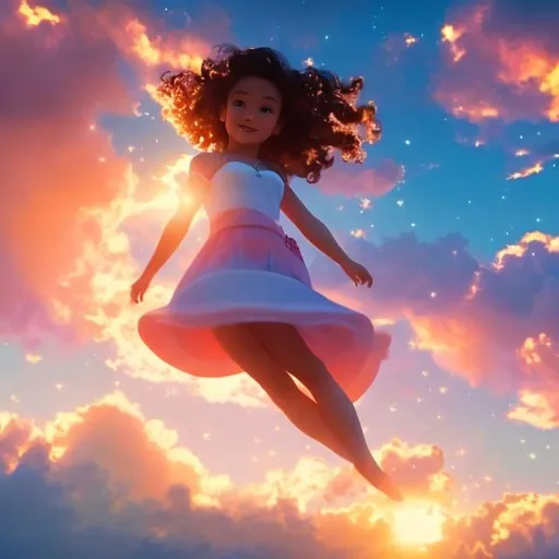 Prompt: masterpiece, best quality, movie still, 1girl, cloud girl, floating in the sky, close-up, bright, happy, warm soft lighting, sunset, (sparks:0.7)