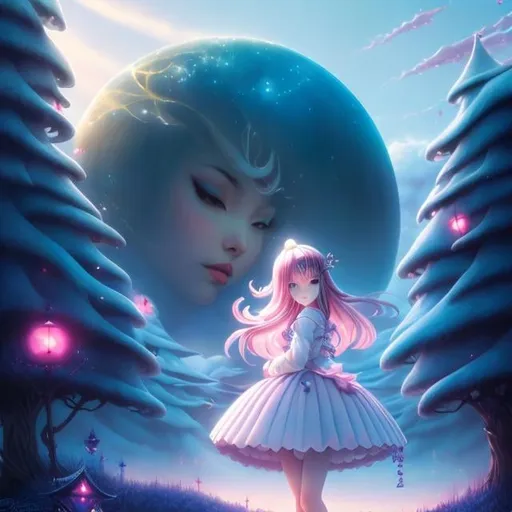 Prompt: Jeff Soto, Sakura Asagi, Surreal, mysterious, strange, fantastical, fantasy, sci-fi, Japanese anime, a giant snowman comes to town, the beautiful blonde miniskirt girl Alice goes to greet it, perfect voluminous body, detailed masterpiece 