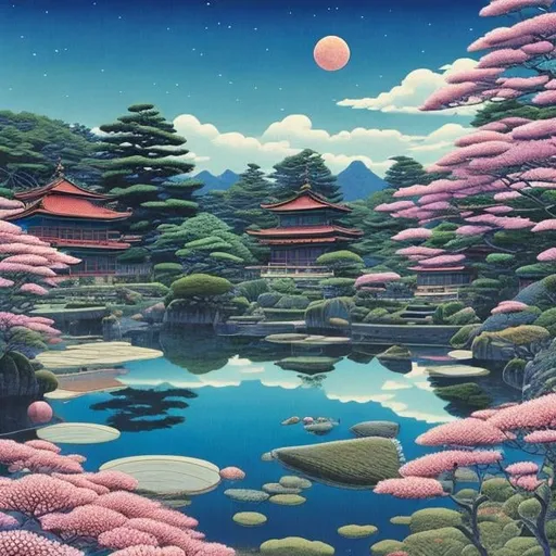 Prompt: Hasui Kawase, Surreal, mysterious, strange, fantastical, fantasy, Sci-fi, Japanese anime, garden in the sky, sea of ​​stars, sea, ships, and people, rock pools are microcosms, water planets, detailed masterpiece 