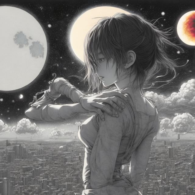 Prompt: Shigeru Tamura, Hiroshi Masumura, Surreal, mysterious, strange, fantastical, fantasy, Sci-fi, Japanese anime, dismantled drawings of the moon, reconstructing solar system, miniskirt beautiful girl designer, perfect voluminous body, detailed masterpiece depth of field cinematic lighting 