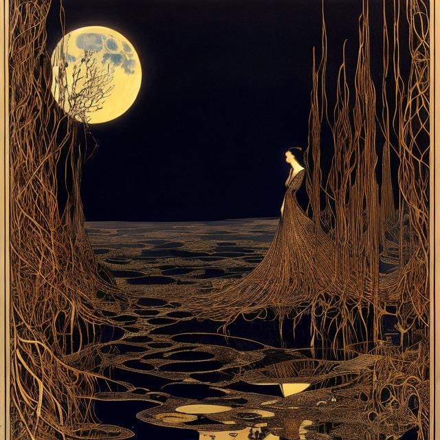 Prompt: Harry Clarke, Jean-Jacques Sempé, Surreal, mysterious, strange, fantastical, fantasy, Sci-fi, Japanese anime, the girl who stops the world, perfect voluminous body, footprints of the moon, dream fossil, detailed masterpiece 