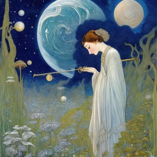 Prompt: Ida Rentoul Outhwaite, Surreal, Errol Le Cain, Heinrich Lefler, mysterious, strange, fantastical, fantasy, Sci-fi, Japanese anime, fairy contract, beautiful girl, space suit, trumpet, detailed masterpiece 