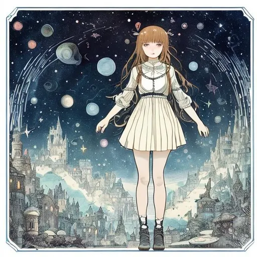 Prompt: Kate Greenaway, Charles Folkard, animesque　surreal　fanciful　wondrous　strange　Whimsical　Sci-Fi Fantasy　Autochthonous dreams　Starry window　A glass plate cut out of outer space　Sea fingers　Super Miniskirt High School Girl