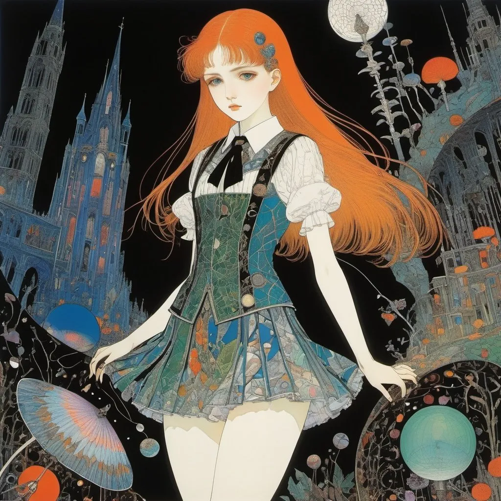 Prompt: Harry Clarke, Léon Arthur Tutundjian, Surreal natural history, mysterious, bizarre, fantastical, fantasy, Sci-fi, Japanese anime, beautiful high school girl in a miniskirt under a microscope, perfect voluminous body, detailed masterpiece 