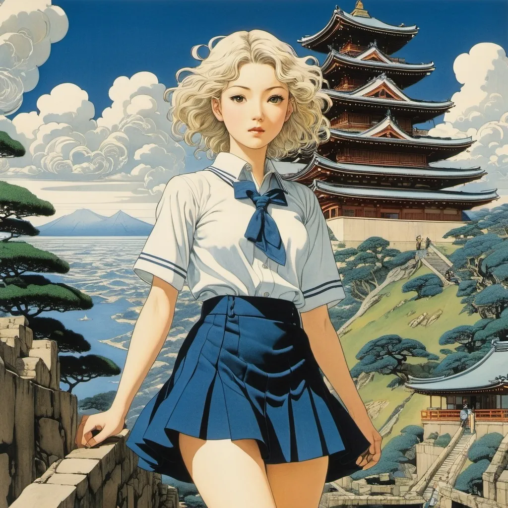 Prompt: Michael Hague, Moto Hagio, Sibylle von Olfers, François-Louis Schmied, Hokusai, Surrealism, wonder, strange, fantastical, fantasy, Sci-fi, Japanese anime, geometry of ruins, string theorem and Euclidean space, puzzle, miniskirt beautiful high school girl, perfect voluminous body, detailed masterpiece 