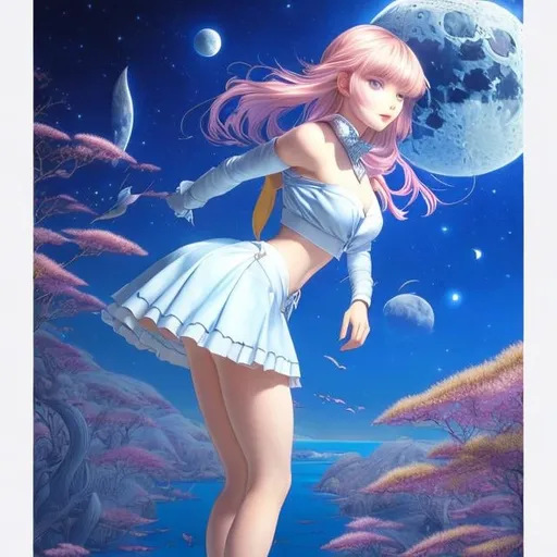 Prompt: Margaret Tarrant, Jean Giraud, Moyna Flannigan, Surreal, mysterious, strange, fantastical, fantasy, Sci-fi, japanime, blueprint of blonde miniskirt beautiful girl Alice, perfect body, perspective view, 3D view, bird's eye view, moon sleeping at the bottom of the water, on paper, detailed masterpiece 