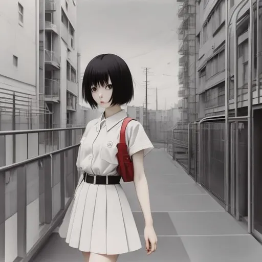 Prompt: El Lissitzky, Haruko Tachiiri, Surreal, mysterious, strange, fantastical, fantasy, Sci-fi, Japanese anime, imaginary city on paper, walk of a beautiful high school girl in a miniskirt, perfect body, drawn in my head, detailed masterpiece 
