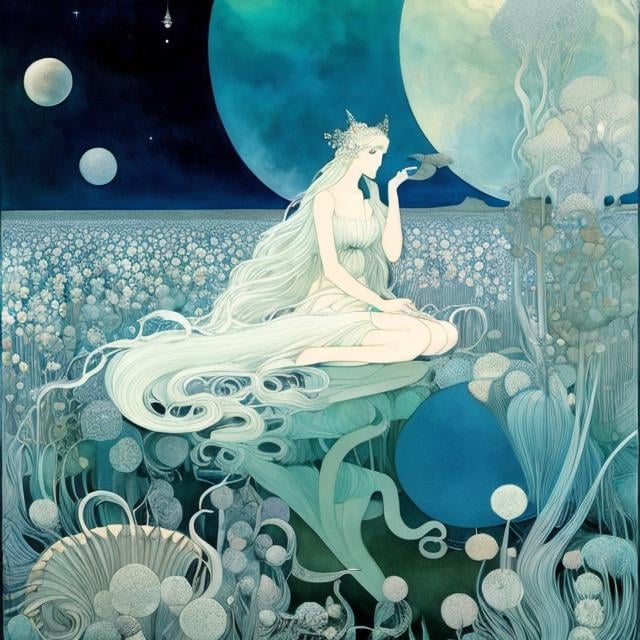Prompt: Kay Nielsen, Heikala, Surreal, mysterious, strange, fantastical, fantasy, Sci-fi, Japanese anime, circus on the dark side of the moon, beast tamer's beautiful girl in miniskirt, pale blue space sky, detailed masterpiece 