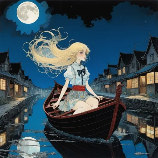 Prompt: Harry Clarke, Anouk Ricard, Thé Tjong-Khing, Charlotte Dematons, Bisco Hatori, Surrealism, wonder, strange, fantastical, fantasy, Sci-fi, Japanese anime, liquid glass crescent moon, moonlight flowing down the road, beautiful blonde miniskirt girl Alice traveling through the sky in a small boat, perfect voluminous body, detailed masterpiece 