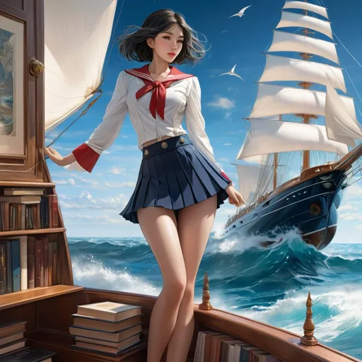 Prompt: Sulamith Wülfing, A E Marty, Surreal, mysterious, strange, fantastical, fantasy, Sci-fi, Japanese anime, sea of ​​books and stories, sailing yacht, miniskirt beautiful sailor, perfect body, detailed masterpiece 