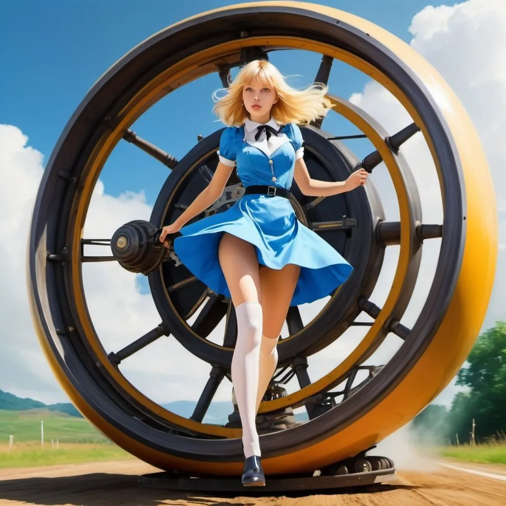 Prompt: Sibylle von Olfers, Unica Zürn full colours , Antonio Rubino, surreal, mysterious, strange, fantastical, fantasy, Sci-fi, Japanese anime, beautiful blonde miniskirt girl Alice running in a big wheel, perfect voluminous body, electric generator, detailed masterpiece 