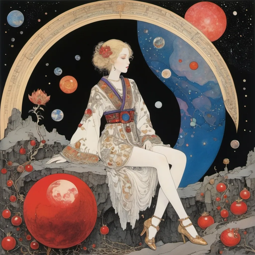 Prompt: Harry Clarke, Hilda T Miller, Stephen Reid, Katsuya Terada, Michał Bylina, Surrealism, wonder, bizarre, bizarre, fantasy, Sci-fi, Japanese anime, fossils of the early solar system, ruby ​​night, gravitational energy during the formation of celestial bodies, the lost pomegranate, blonde miniskirt beautiful girl Alice  Perfect voluminous body, detailed masterpiece 