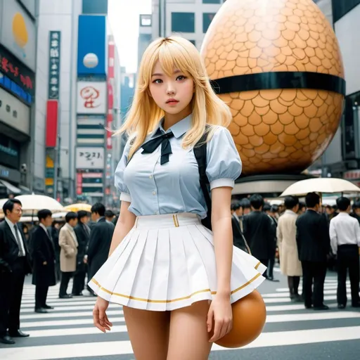 Prompt: Takeshi Koike, Walter Crane, Surreal, mysterious, strange, fantastical, fantasy, Sci-fi, Japanese anime, Shibuya scramble crossing, giant egg, blonde miniskirt beautiful girl Alice, perfect voluminous body, detailed masterpiece 