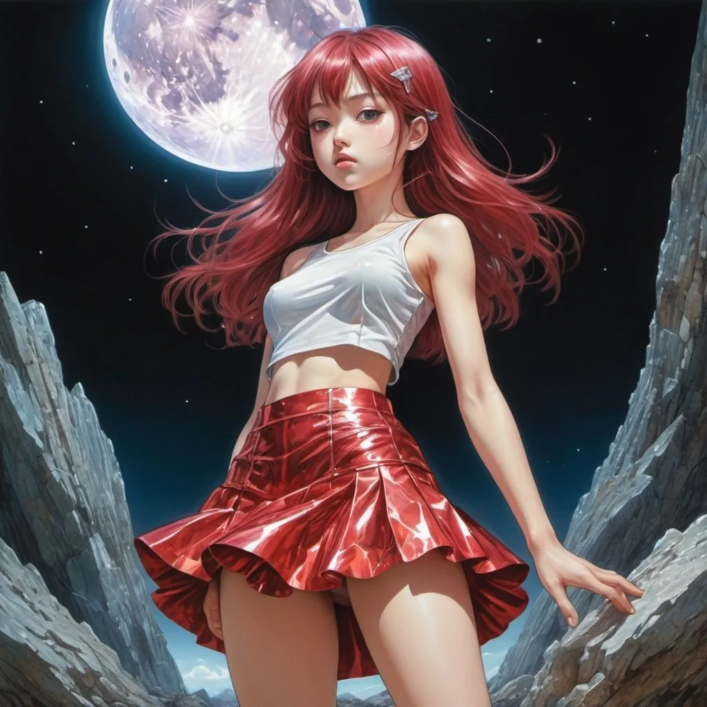 Prompt: Jim Kay, sakana sakatsuki, Surreal, mysterious, bizarre, fantastical, fantasy, Sci-fi, Japanese anime, world of minerals, breathing metal, soft gems, beautiful girl in miniskirt of the ruby ​​moon, perfect voluminous body, reflection, transmission, refraction, mineral specimen, natural history encyclopedia, detailed masterpiece 