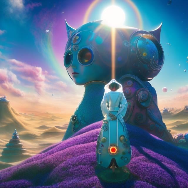 Prompt: Marc Chagall, Anne Anderson, Surreal, mysterious, strange, fantastical, fantasy, Sci-fi, Japanese anime, A mystery and adventure surrounding "machines," "otherness," and "love" on a remote island in the ocean where two suns and two moons shine, detailed masterpiece cinematic lighting perspectives bird’s eye views