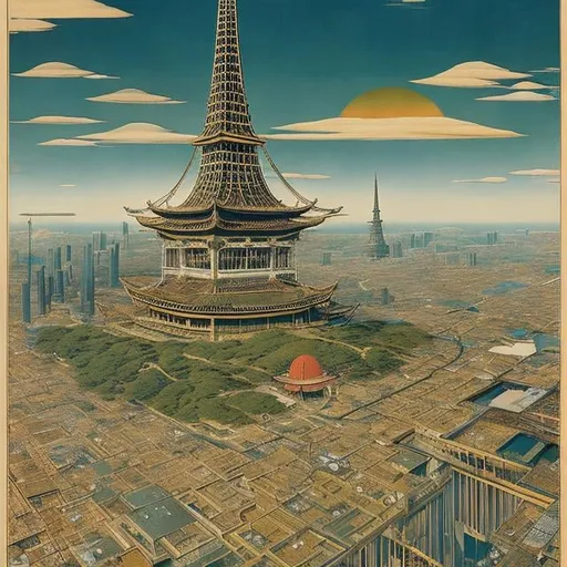 Prompt: Anton Pieck, Katsuhiro Otomo, Richard Dadd Japanese anime surreal mysterious bizarre sci-fi fantasy Tokyo Tower sinking to the bottom of a cup, a girl, hyperdetailed high resolution high definition high quality masterpiece