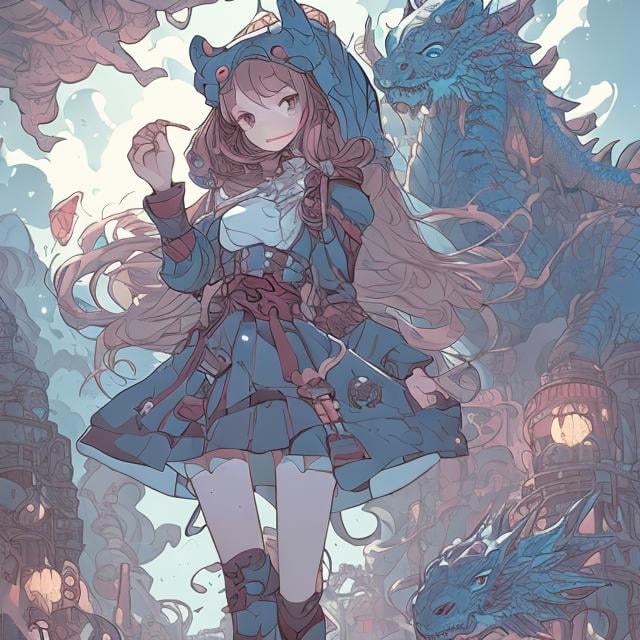 Prompt: Mabel Attwell, cute, James Jean Anime Mysterious Bizarre Fantastic  Sci-fi Fantasy Tea with the Dragon Western-style castle hall Girl Alice detailed high quality resolution definition masterpiece manga lines