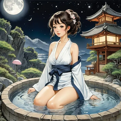 Prompt: Mabel Attwell, Kore Yamazaki, Anton Pieck, Moyoco Anno, Surrealism, wonder, bizarre, bizarre, fantasy, Sci-fi, Japanese anime, relaxing on a hot spring trip, beautiful girl in a miniskirt yukata, perfect voluminous body, octopus bathing in a hot spring in a space suit, full moon and spaceship, detailed masterpiece 